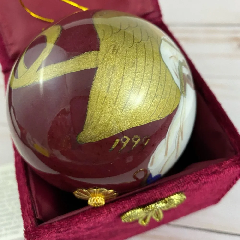 1999 Pier 1 Imports LI BIEN Angel Glass Ornament Burgundy & Gold in Box